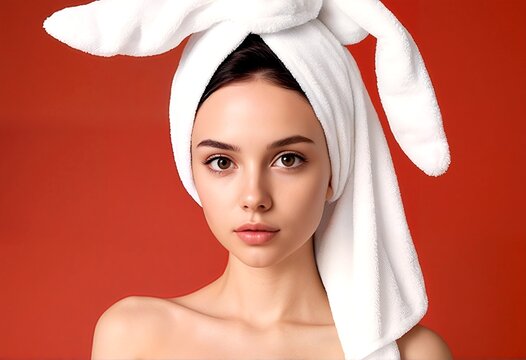 a woman with dark hair and brown eyes, wearing a white towel wrapped around her head like bunny ears. - Powered by Adobe