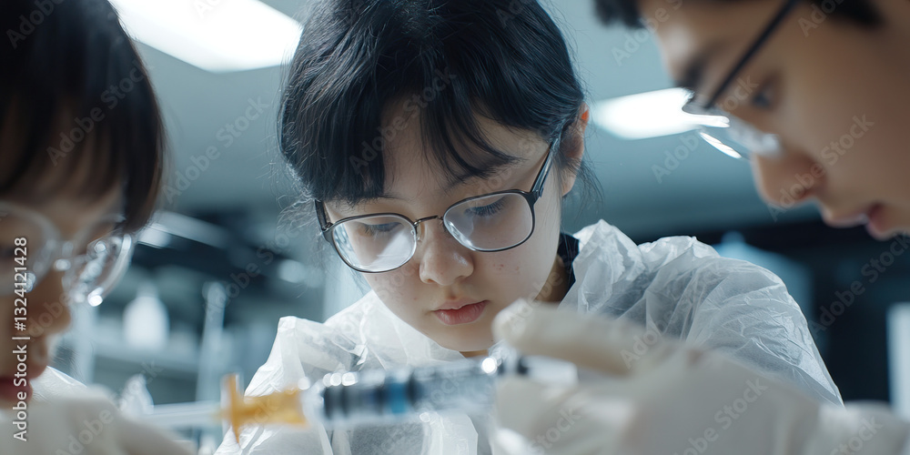 Aufkleber three scientists working with syringe in laboratory
