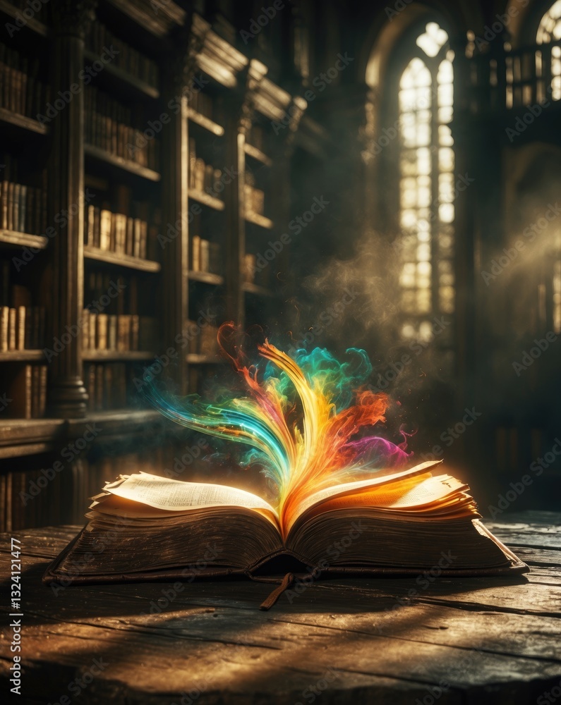 Poster open book resting on a table in a library