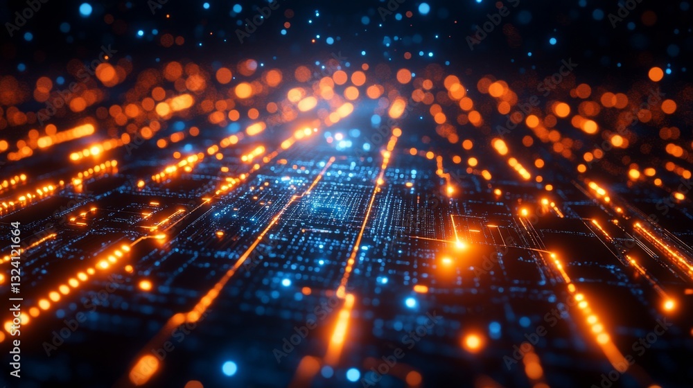 Poster A stunning showcase of quantum computing, featuring vibrant light patterns that symbolize qubits, superposition, and entanglement in a dynamic digital landscape.