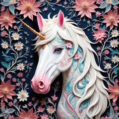 A stunningly detailed and vibrant portrait of a mystical unicorn, adorned with intricate, decorations and shimmering colors. 