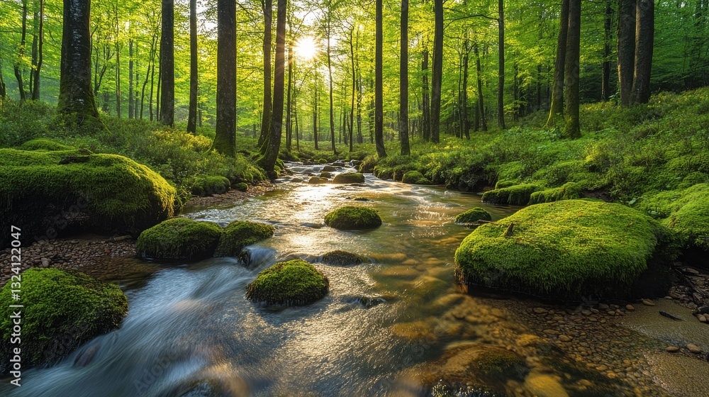 Poster a serene forest scene with sunlight filtering through trees, illuminating a gentle stream flowing ov