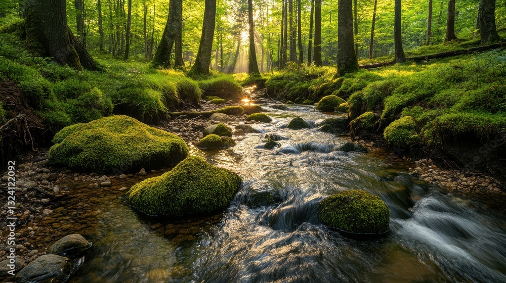 Poster a serene forest scene features a flowing stream surrounded by lush greenery, illuminated by sunlight