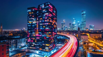 Obraz premium Vibrant City Nightscape with Illuminated Skyscraper.