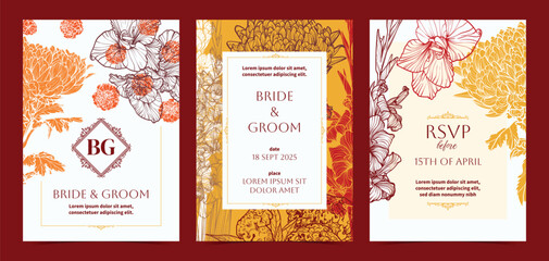 Colorful pastel beautiful wedding invitations. Modern autumn A4 vector format design with highly detailed flowers for print and web. Hand drawn chrysanthemum, gladiolus, marigold illustrations