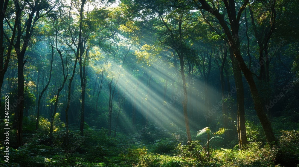 Poster a serene forest scene with sunlight streaming through trees, creating a peaceful and magical atmosph