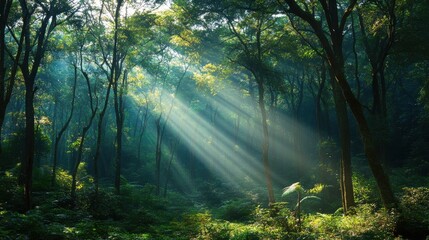 Obraz premium A serene forest scene with sunlight streaming through trees, creating a peaceful and magical atmosphere in the lush greenery.