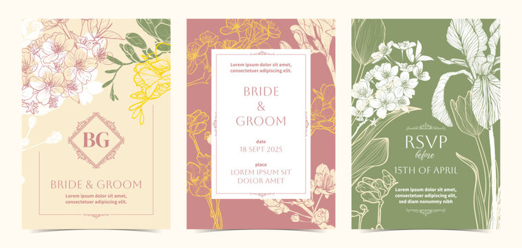 Colorful pastel beautiful wedding invitations. Modern spring A4 vector format design with highly detailed flowers for print and web. Hand drawn cherry, freesia, iris blossoms illustrations