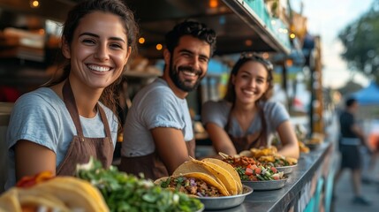 Smiling people serving tacos in food truck 