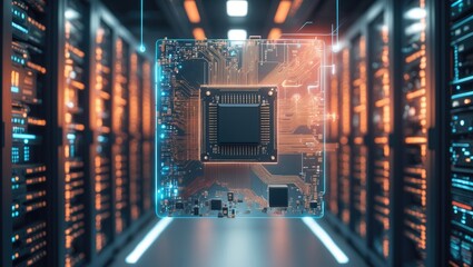 Overlay of a computer circuit board on a server room. Digitally created graphical representation of computers and a digital interface.