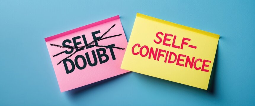 Pink and yellow note featuring the text SELF DOUBT crossed out and SELF CONFIDENCE, representing the idea of overcoming self-doubt and reclaiming self-confidence.