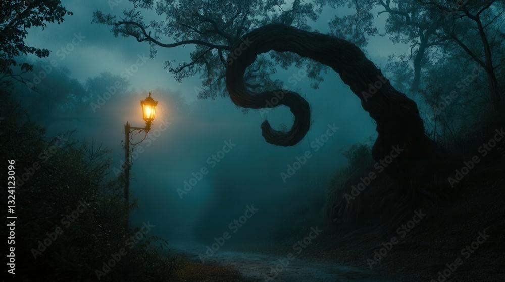 Poster misty forest with twisted trees and glowing street lamp creates a suspenseful atmosphere late at nig
