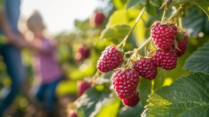 Close up photo of raspberries on branch in orchard