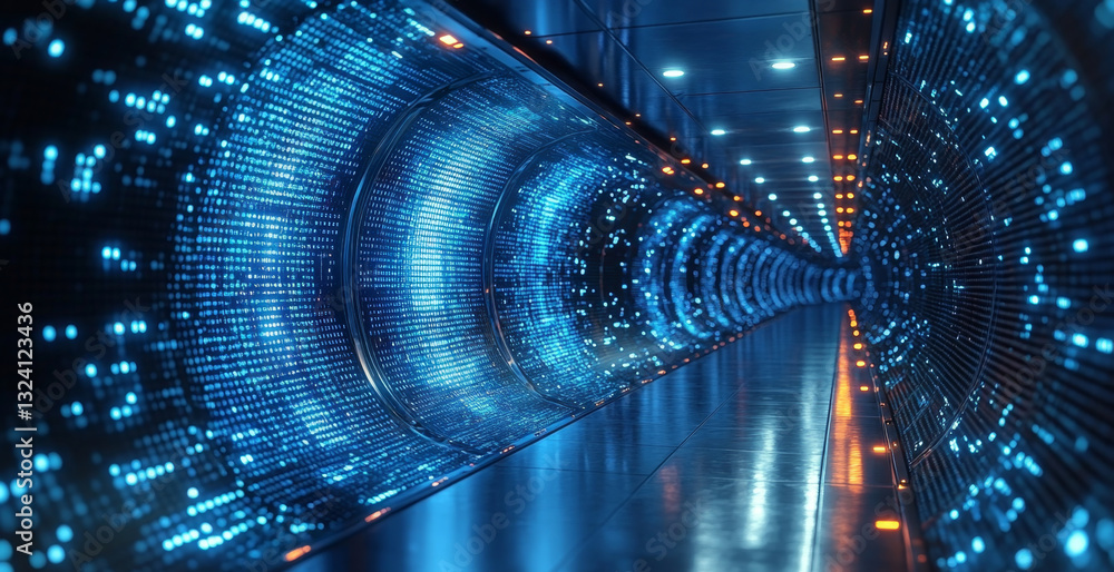 Poster A vibrant tunnel of digital light illustrates concepts of quantum computing, featuring visual elements representing qubits and superposition. The setting conveys advanced technology and innovation.