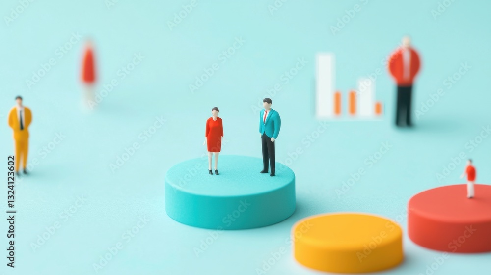 Poster a colorful, abstract representation of miniature figures standing on circular platforms, symbolizing