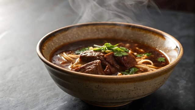 Kuay tiew ruea, Steaming beef noodle soup with fresh herbs in a rustic bowl, a hearty and aromatic delight.