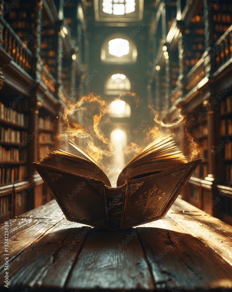 Poster open book resting on a table inside a library