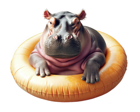 hippo relaxing in swimming pool on inflatable ring, showcasing playful and whimsical scene. vibrant colors and unique subject create fun atmosphere