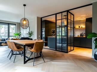 Dining Area Interior Design Featuring Modern Kitchen with Glass Partition Wall