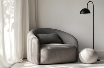 Gray Armchair Interior with Black Lamp and White Curtains in Bright Room