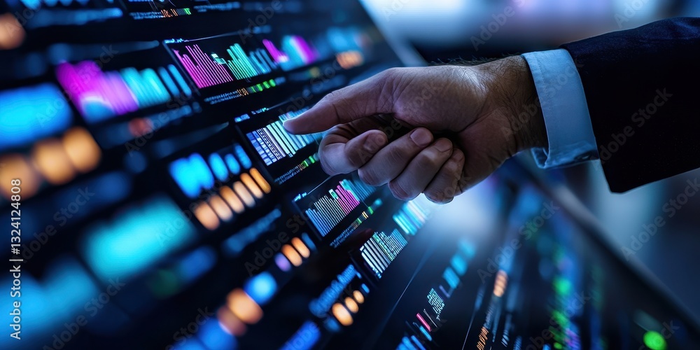 Aufkleber business and corporate expansion. a hand interacts with a digital display of colorful data visualiza