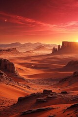 Naklejka premium Landscape resembling Planet Mars - Image of a desert under a red pink sky, a location frequently used as a setting for numerous science fiction films.