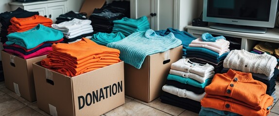 Piles of used clothes organized into cardboard boxes for donation to aid victims of natural disasters, poverty, social assistance, and charitable initiatives.
