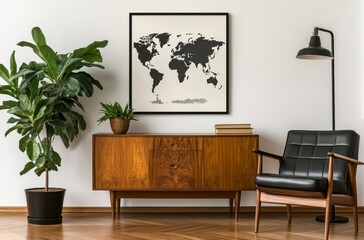 Living Room Interior Design with World Map Art and Mid-century Furniture