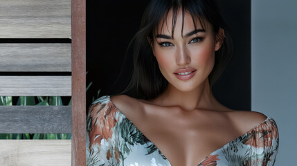 Fototapeta premium Beautiful woman posing near a wooden door adorned with floral patterns in a bright setting