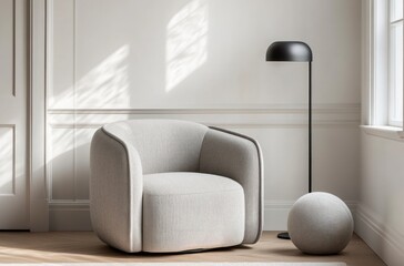 Modern Gray Armchair and Floor Lamp in Minimalist Interior Setting