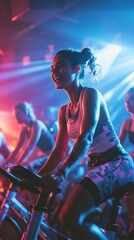Invigorating Indoor Cycling: A Vibrant Fitness Class Experience. Feel the Rhythm, Embrace the Energy, and Pedal Towards a Healthier You in this Dynamic Workout!