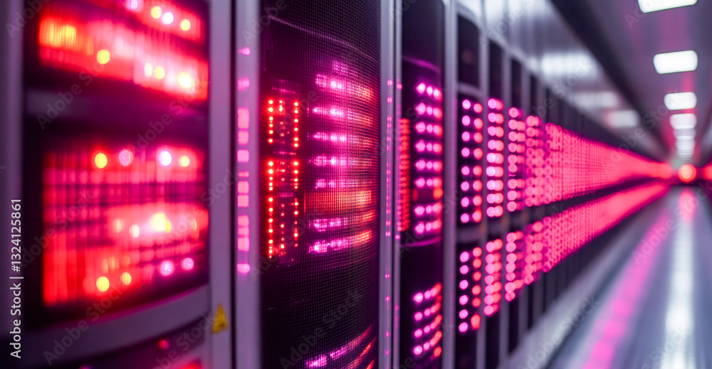 Poster Bright red and purple lights illuminate a corridor filled with rows of quantum computing systems.