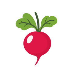 Very Simple flat 2D icon red radish with green leaves isolated on a white background, vector, flat design, animation design, simple flat 2D icon, minimalist design, clipart	