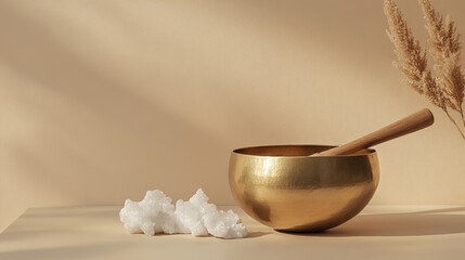 Brass singing bowl with wooden striker and clear quartz crystals on a textured surface, bathed in warm sunlight with soft shadows, creating a calming meditation space for mindfulness, spiritual