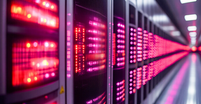 Bright red and purple lights illuminate a corridor filled with rows of quantum computing systems.