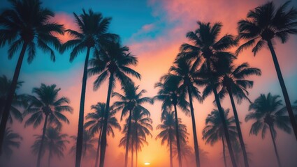 Fototapeta premium Palm trees against a backdrop of a blue sky and a golden sunset.