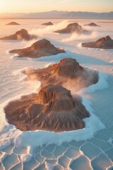 Panorama of forgotten islands in a sea of salt, salt flat desert.