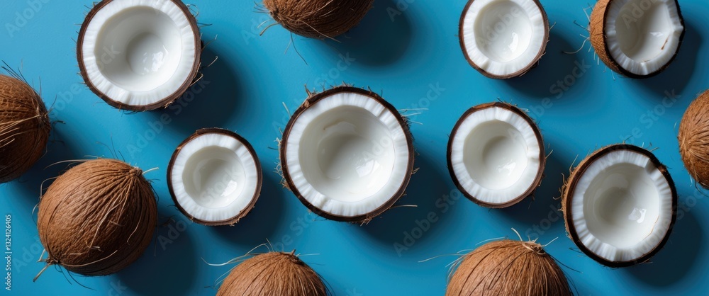 Poster pattern featuring ripe coconuts on a blue backdrop. top view. copy space. pop art design, inventive 