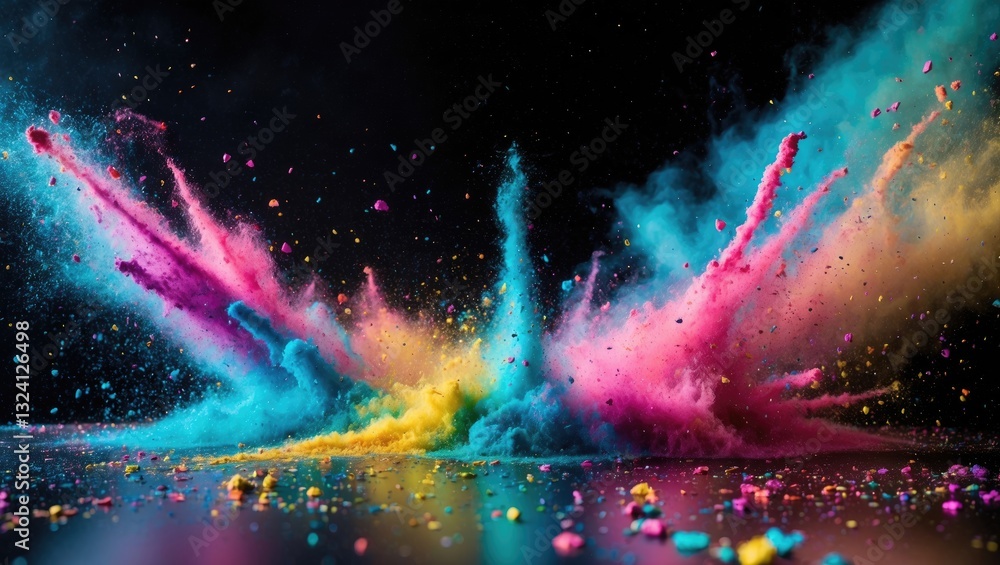Aufkleber over a black background, an abstract backdrop of multiple hues with splashes of colorful powder and 