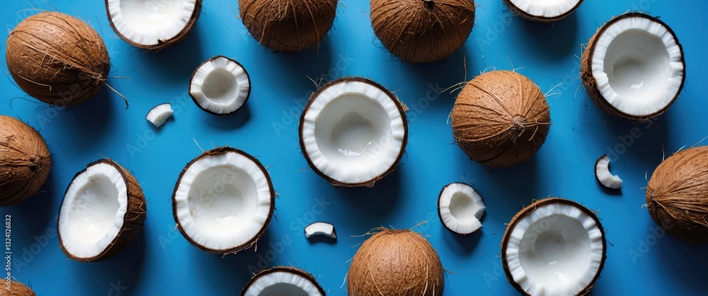 Poster pattern featuring ripe coconuts on a blue backdrop. top view. copy space. pop art design, imaginativ