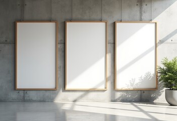 Modern Concrete Office Mockup: Showcasing Three Vertical Frames for Billboard Designs - Realistic 3D Rendering for Art Presentations.

