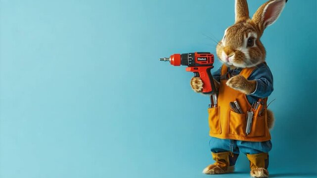 Rabbit with Toolbelt and Drill in a Construction Outfit