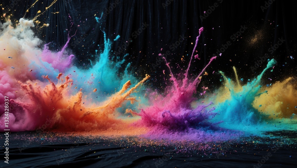 Poster over a dark backdrop, an abstract multi-colored background with splashes of vibrant powder and glitt