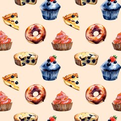 Watercolor illustration of various desserts on a pastel background with soft colors