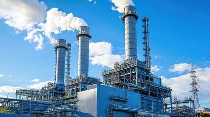 A gas-fired power plant with towering chimneys and cooling systems