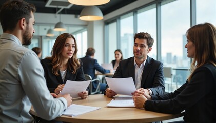 Business meeting with four professionals discussing documents and sharing ideas in a modern office setting with cityscape views, corporate concept of teamwork or consulting