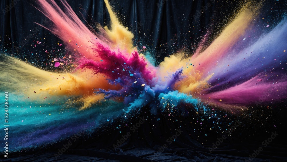 Poster an abstract multi-hued background with splatters of colorful powder and exploding glitter textures o