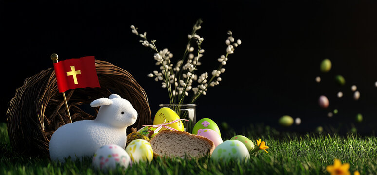A festive Easter scene with a sugar lamb decorated with a red pennant. The basket contains Easter eggs accompanied by Polish sausage and traditional spices, daisies and spring catkins.