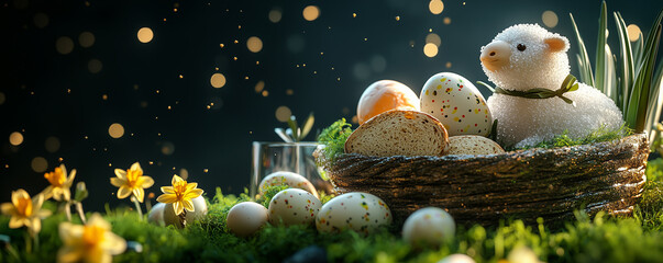 A festive Easter scene with a sugar lamb decorated with a red pennant. The basket contains Easter eggs accompanied by Polish sausage and traditional spices, daisies and spring catkins.