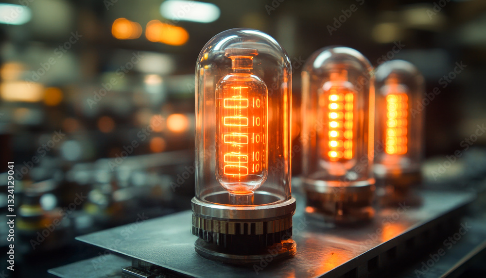 Leinwandbilder Illuminated tubes display numbers while situated in a modern research environment. Scientists explore quantum concepts like superposition and entanglement while conducting experiments.